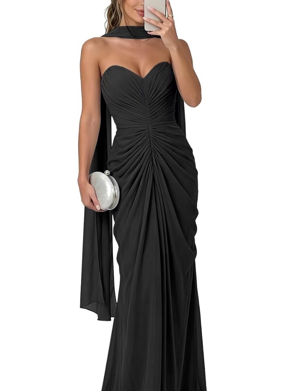 Elegant Black Strapless Ruched Evening Gown